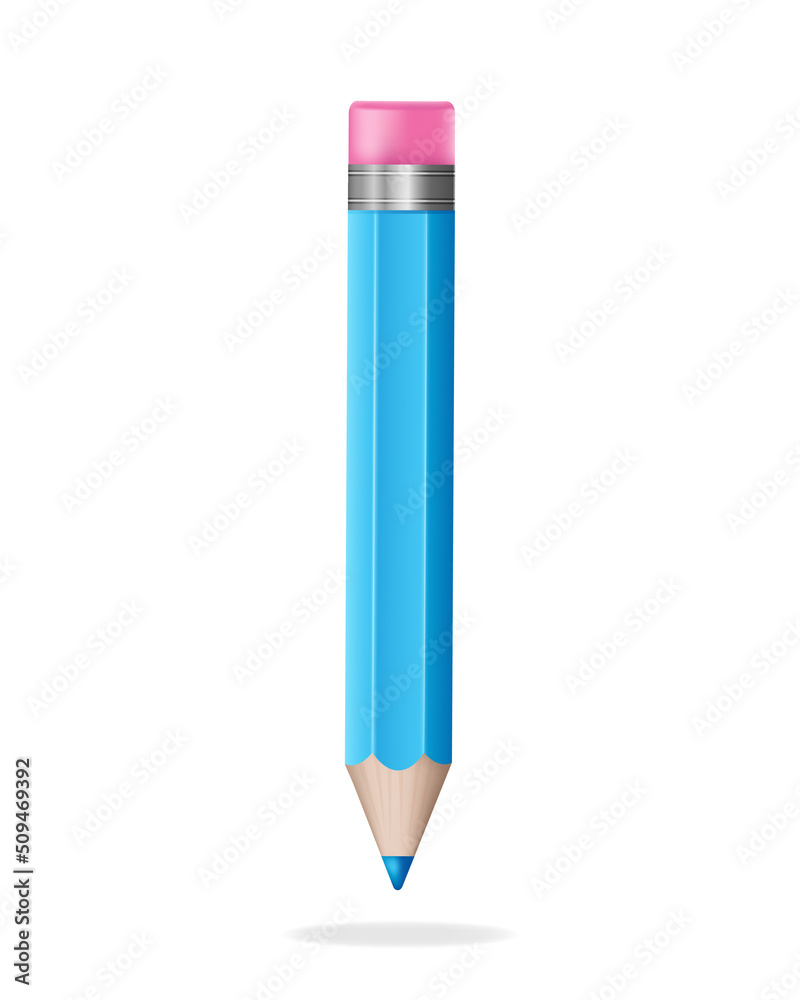 Blue 3d pencil with Eraser. Stationery tool. Volumetric wooden object for writing and drawing. Realistic icon vector illustration isolated on white background. Blue 3d pencil with Eraser. Stationery tool. Volumetric wooden object for writing and drawing. Realistic icon vector illustration isolated on white background.
