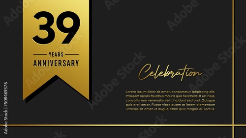 39 years anniversary logo with golden ribbon for booklet, leaflet, magazine, brochure poster, banner, web, invitation or greeting card. Vector illustrations.