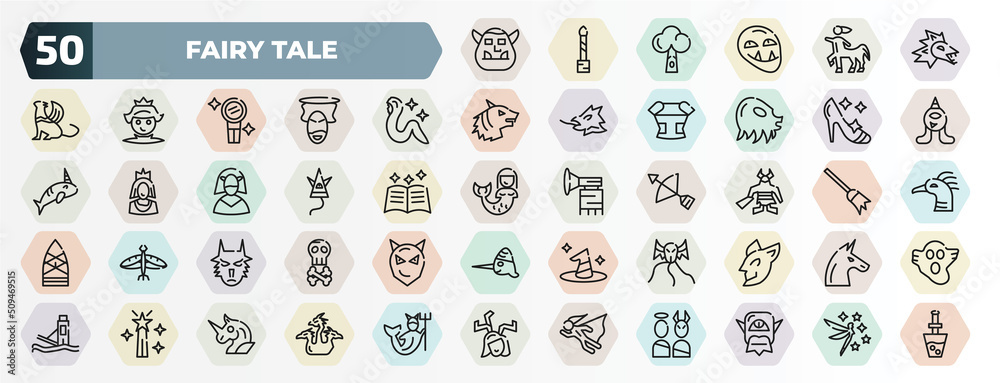 set of 50 thin line fairy tale icons. outline icons such as ogre ...