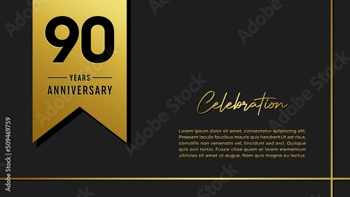 90 years anniversary logo with golden ribbon for booklet, leaflet, magazine, brochure poster, banner, web, invitation or greeting card. Vector illustrations.