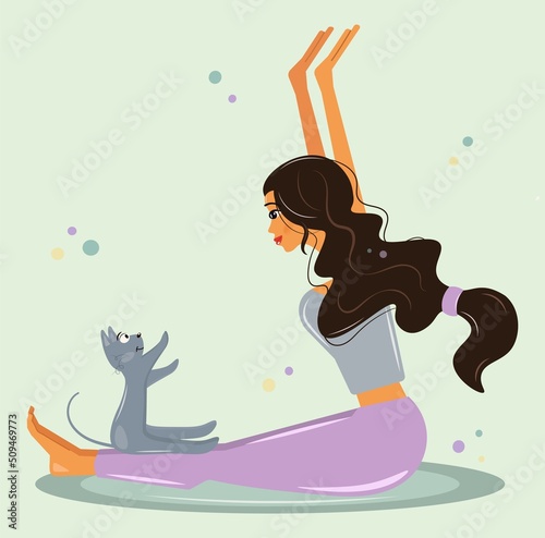 A cute girl is doing yoga with her gray cat. Young woman doing stretching. Near a funny curious kitten. Vector, cartoon flat style. The concept of a healthy lifestyle, free time games with pets.
