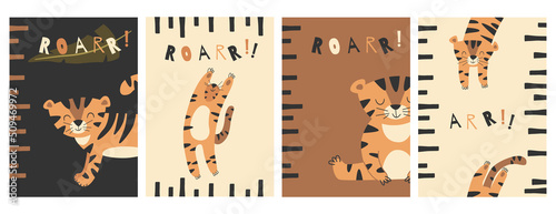 Set of kids posters with cute tiger. Minimalistic vector nursery posters with wild cat. Printable collection.