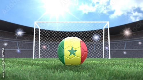 Soccer ball in flag colors on a bright sunny stadium background. Senegal. 3D image