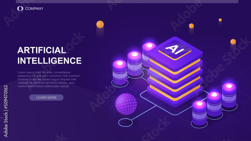 Big data processing concept. Artificial intelligence or digital database for storing and transmitting information. Server room for software management. Landing page. Neon isometric vector illustration