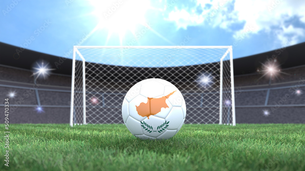 Soccer ball in flag colors on a bright sunny stadium background. Cyprus. 3D image