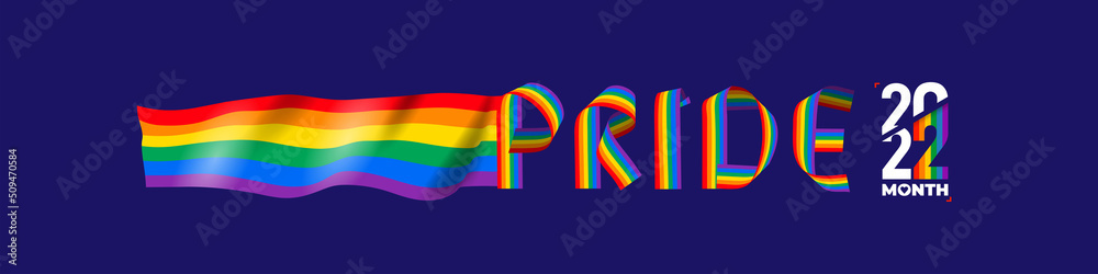 Pride 2022 logo text with LGBT Flag Colors. Colorful text lined with ribbons. LGBT Pride Banner. Template design pride rainbow text. Vector illustration. Isolated on blue background. Pride 2022 logo text with LGBT Flag Colors. Colorful text lined with ribbons. LGBT Pride Banner. Template design pride rainbow text. Vector illustration. Isolated on blue background.