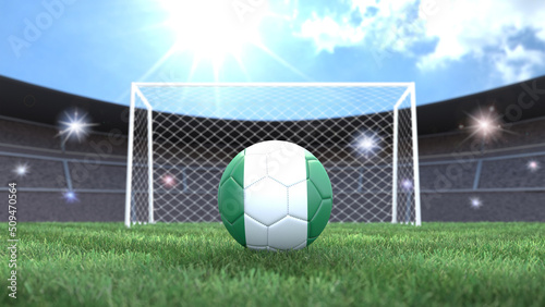 Soccer ball in flag colors on a bright sunny stadium background. Nigeria. 3D image