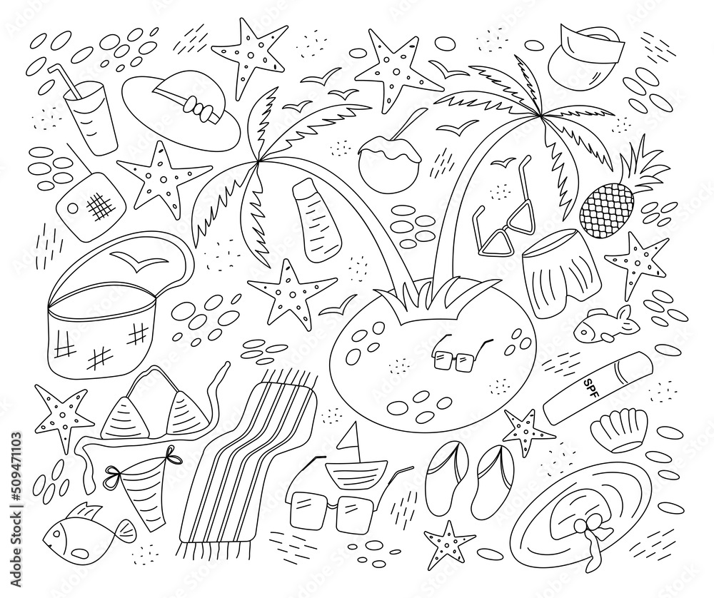 A set of beach elements, palm trees, an island, fruits, hats in black and white outline. Vector illustration, relaxing on the beach, Coloring book.