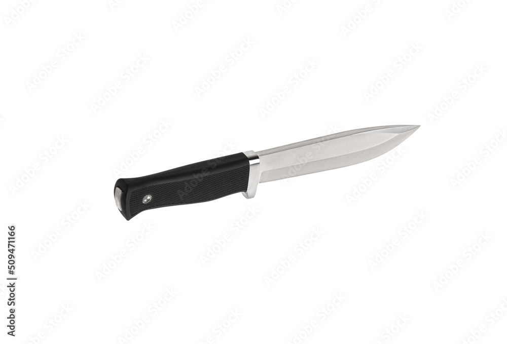 Modern hunting knife with silver blade and rubber handle. Steel arms. Isolate on a white back Modern hunting knife with silver blade and rubber handle. Steel arms. Isolate on a white back