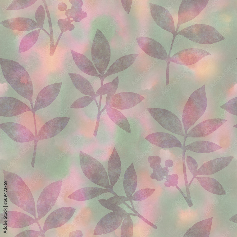 Seamless botanical watercolor pattern. Leaves on an abstract background. Watercolor illustration in digital processing.