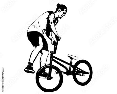 bmx bicyclist performing stunt tricks - sketch vector artwork