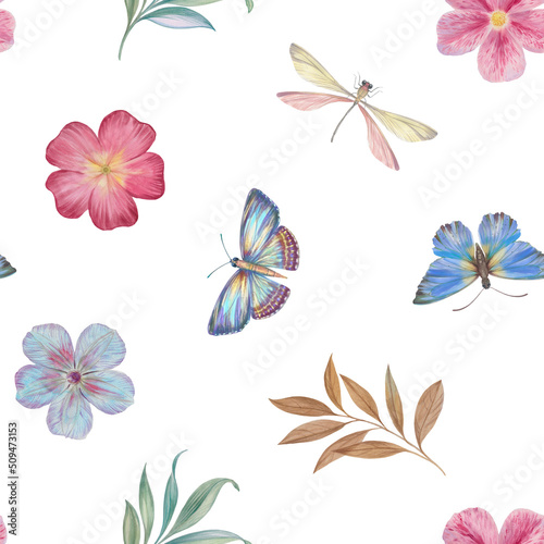 Seamless background of flowers, butterflies, leaves, painted in watercolor, processed in a digital program. © Sergei
