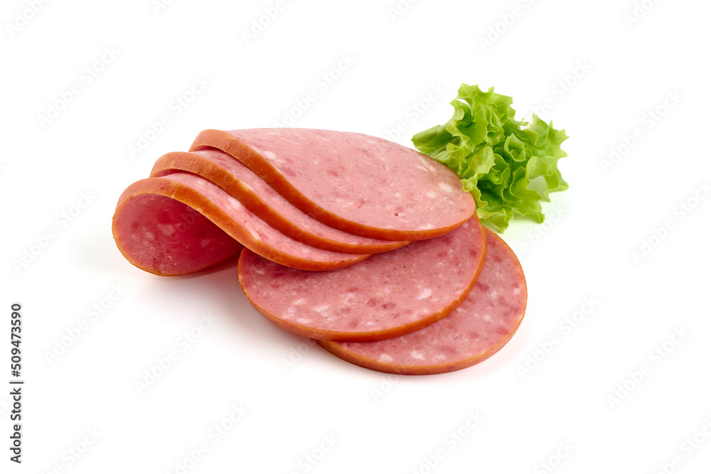 Sliced salami sausage, isolated on white background.