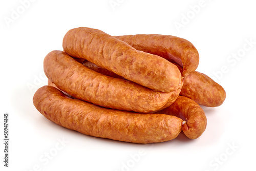 Smoked german bratwurst sausages, isolated on white background. photo