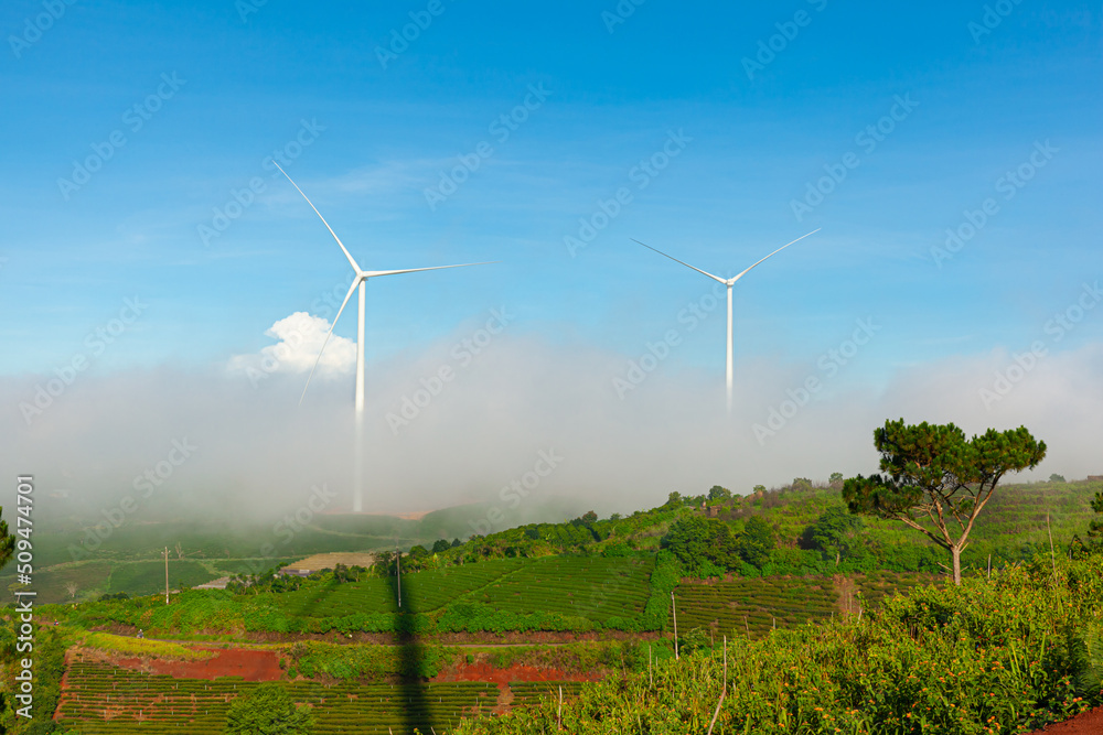 Renewable energy wind turbines windmill isolated on the beautiful blue sky, white clouds and on the tea fields in Da Lat city, Lam Dong, Viet Nam