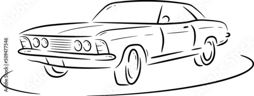 Simple vector sketch of an old sports car. Fast car made of black lines on a white background.