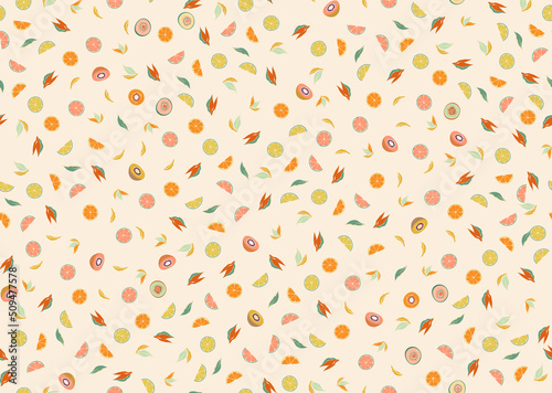 Tropical pattern made with citrus fruits, kiwis, oranges and lemons in fun colorful, perfect for fabrics and decoration