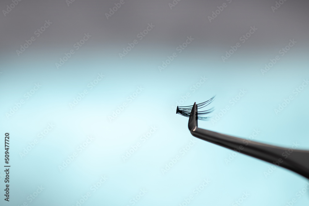 Eyelash extension tools composition: close-up of tweezers and false lashes. Selective focus, closeup Eyelash extension tools composition: close-up of tweezers and false lashes. Selective focus, closeup