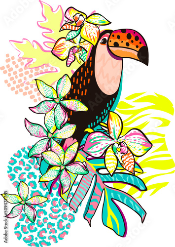 Decoration with tropical leaves and minimalist organic shapes, from a drawing of a fun toucan, ready to print. Hand drawing floral design for textile and decoration.
