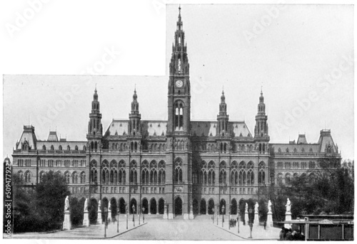 Rathaus (Town Hall) building in Vienna, Austria by the architect Friedrich von Schmidt. Publication of the book "Meyers Konversations-Lexikon", Volume 2, Leipzig, Germany, 1910