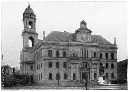 The Saxon Staendehaus state diet building at Bruehl's Terrace in Dresden by the architect Johann Paul Wallot. Publication of the book "Meyers Konversations-Lexikon", Volume 2, Leipzig, Germany, 1910