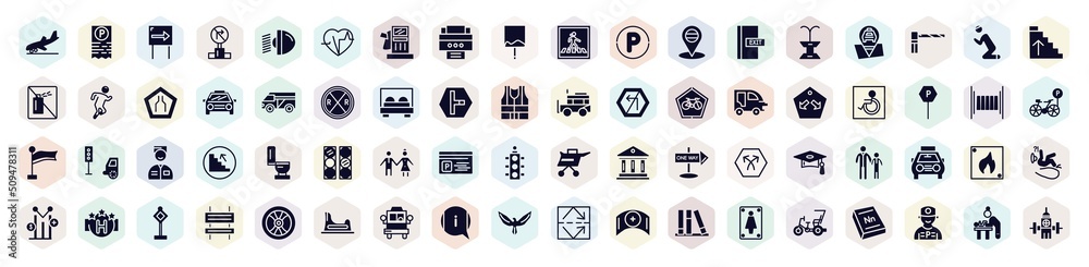 signals set filled icons set. glyph icons such as landing, one way, portable printer, emergency door, minivan taxi, handicapped, girl and boy, fire triangular, hawk icon. signals set filled icons set. glyph icons such as landing, one way, portable printer, emergency door, minivan taxi, handicapped, girl and boy, fire triangular, hawk icon.
