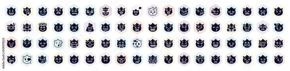 Obraz premium emoji filled icons set. glyph icons such as rich emoji, headache emoji, quiet love angry hugging slightly frowning ill icon.