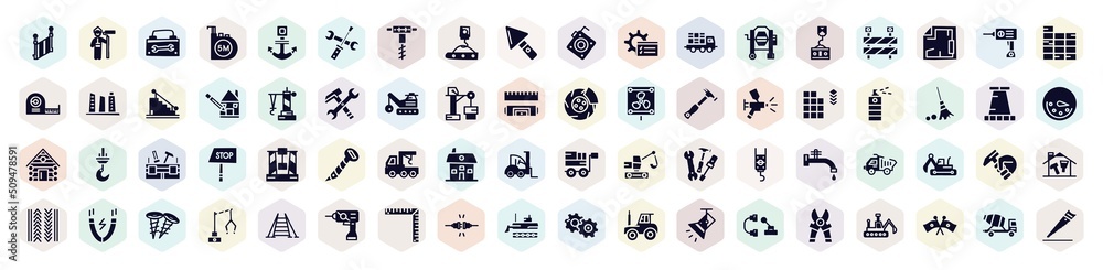 constructicons filled icons set. glyph icons such as stairs side view, toolbox hand drawn tool, crane hand drawn tool, concrete mixer tool, derrick facing right, paint spray can, truck with crane, constructicons filled icons set. glyph icons such as stairs side view, toolbox hand drawn tool, crane hand drawn tool, concrete mixer tool, derrick facing right, paint spray can, truck with crane,