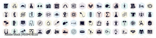 college filled icons set. glyph icons such as agitator, drawing tools, omega, baseball helmet, thesis, chemical bond, sperm, raising hand, empty icon.