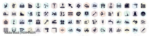 constructicons filled icons set. glyph icons such as stairs side view, toolbox hand drawn tool, crane hand drawn tool, concrete mixer tool, derrick facing right, paint spray can, truck with crane,