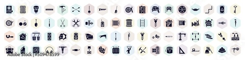 construction filled icons set. glyph icons such as cad, ecologic light bulb, carpenter saw, car lift, shears, side mirror, car door, seatbelt, fuse box icon.