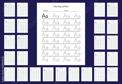 Alphabet tracing practice Letter A to Z. Uppercase lowercase trace practice activity page.