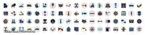 car parts filled icons set. glyph icons such as car trim, car handbrake, bonnet, transmission, disc brake, sprocket, fuel gauge, sunroof or sunshine roof, bucket seat icon.