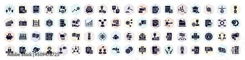 business filled icons set. glyph icons such as difference, address book, banker, budgeting, oil barrel, personal security, water dispenser, peer to peer, cooperate icon.