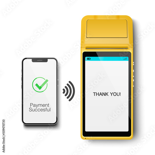 Vector 3d NFC Payment Machine and Smartphone. Payment Succesful. Approved Transaction. POS Terminal, Machine, Phone Isolated. Design Template of Bank Payment Wireless Contactless Terminal, Mockup
