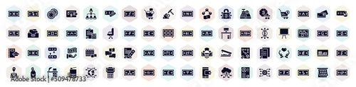 currency filled icons set. glyph icons such as denarius, poker chip, social marketing, cash register, formula, board stand, bank statement, book shelf, franc icon.