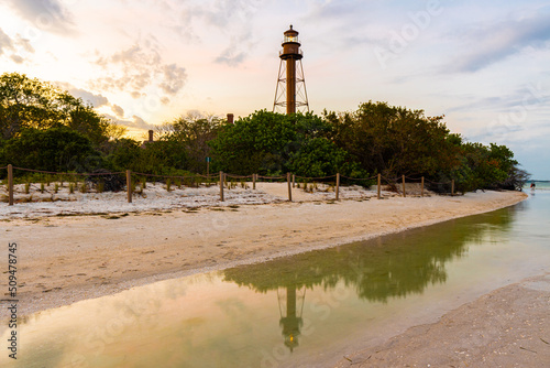 The Sanibel Island Lighthouse and Reflection on Tide Pool, Lighrhouse Beach Park, Sanibel Island, Florida, USA