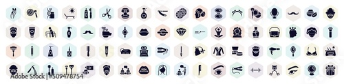 beautiful filled icons set. glyph icons such as manicure, gene, hair spray bottle, headbands, big mustache, big hand bag, hand comb, brassiere, modern haicut icon.