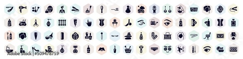 Fototapeta Naklejka Na Ścianę i Meble -  pretty filled icons set. glyph icons such as straight razor, cosmetic tools, inclined hairbrush, two earrings, cotton swabs, hair clamp, two nail polish, false eyelashes, lipstick with cover