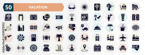 vacation filled icons set. glyph icons such as old fashion glasses, two window carriage, fly ticket, skin sunscreen, baggage verification, beach umbrella and beach ball, prayer room, bag for travel,