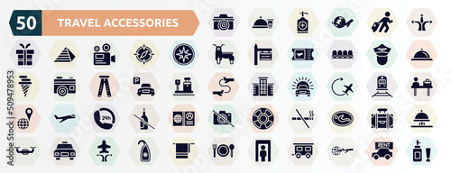 travel accessories filled icons set. glyph icons such as digital camera, directions arrows, compass with cardinal points, pilot of airplane, parking hotel, airplane, 24 hours phone attention