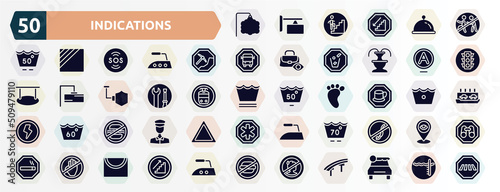 indications filled icons set. glyph icons such as ornamental, chasing prohibited, mining work zone, any solvent with advice, wrench and screwdriver, cafe bar, food not allowed, 70 degrees maximun
