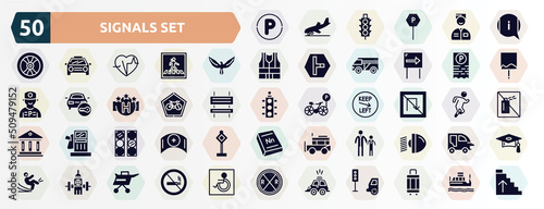 signals set filled icons set. glyph icons such as parking hexagonal, information, hawk, parking ticket, ecological bicycle transport, no turn, semaphore lights, father and child, water bomb city