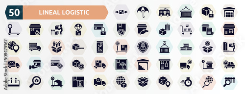 lineal logistic filled icons set. glyph icons such as use clamps, piles stored, card blocked, delivery invoice, search box, containers, card check, tagged package, delivery search, open pack icon.