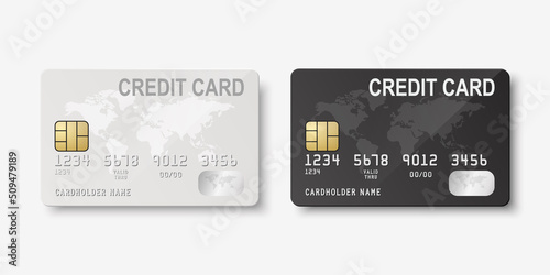 Vector 3d Realistic Black and White Blank Credit Card with Map Isolated. Design Template of Plastic Credit or Debit Card for Mockup, Branding. Credit Card Payment Concept. Front Side