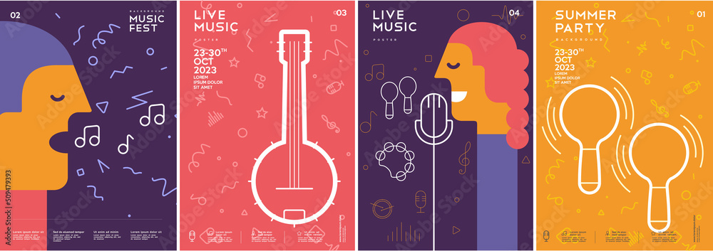Music poster. People sing. Banjo. Maracas. Festival. Event. A set of vector illustrations. Minimalistic design. Cover, print, banner, flyer. - obrazy, fototapety, plakaty 