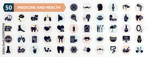 medicine and health filled icons set. glyph icons such as hospital medical, kneecap, bosom, dentist bottle with liquid, heart with a plus, umbrella with plus, note on a clipboard, eye lashes,