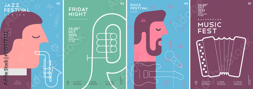 Music poster. Saxophonist. Tuba. Accordion. A man plays the guitar. A set of vector illustrations. Minimalistic design. Cover, print, banner, flyer.