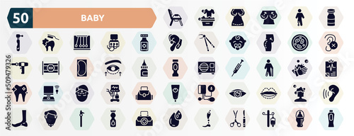 baby filled icons set. glyph icons such as potty, vial, medicine jar, microscopic, eyelid, injured male, forehead, eyesight, chin, prothesis icon.
