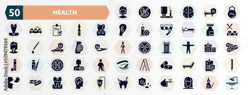 health filled icons set. glyph icons such as pimples, kettlebell, plaque, medicine flask, fetus, standing human body, heliport, large pill, medicine tablets, pet insurance icon.